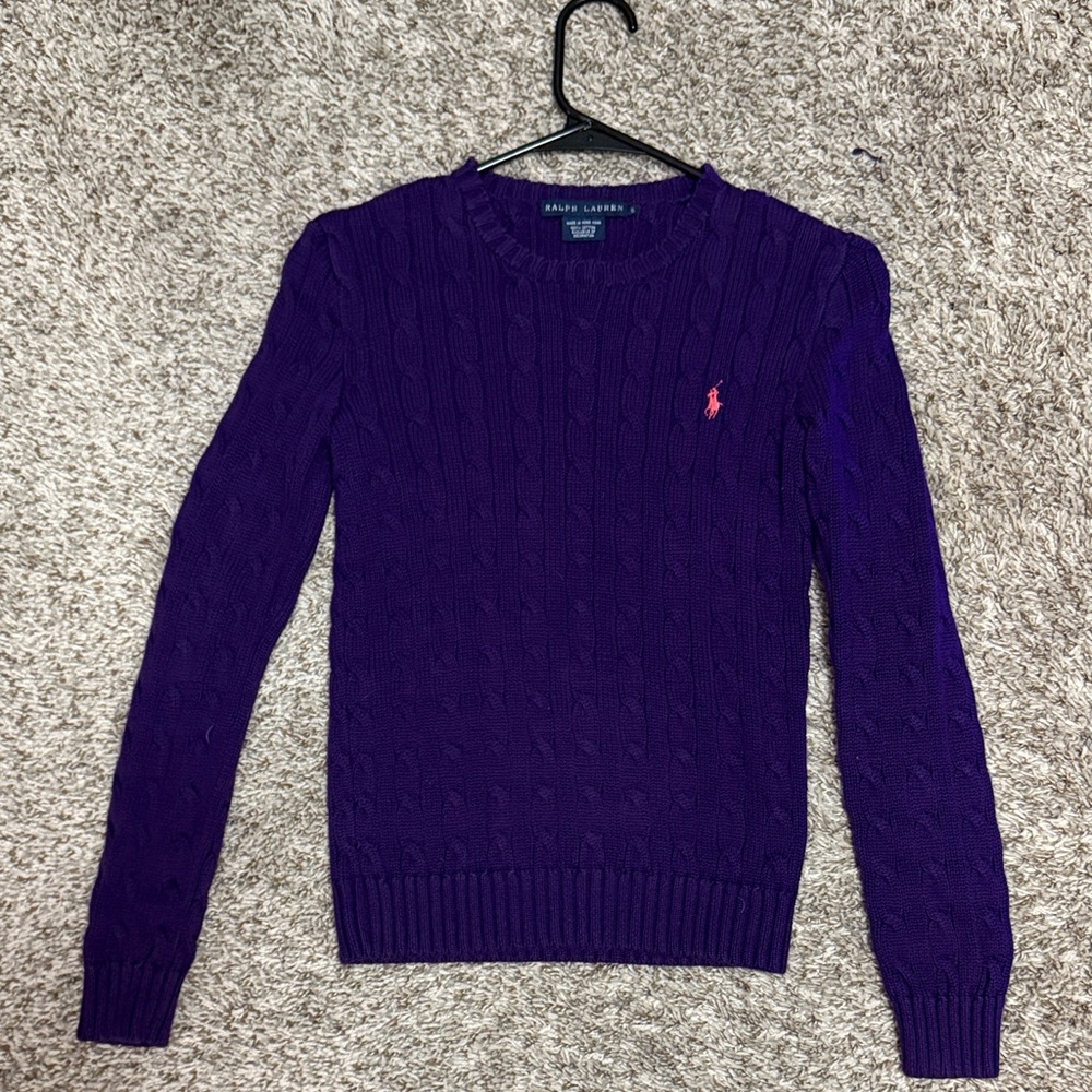 Ralph Lauren Purple Cable Knit Crewneck Sweater with Pink Pony